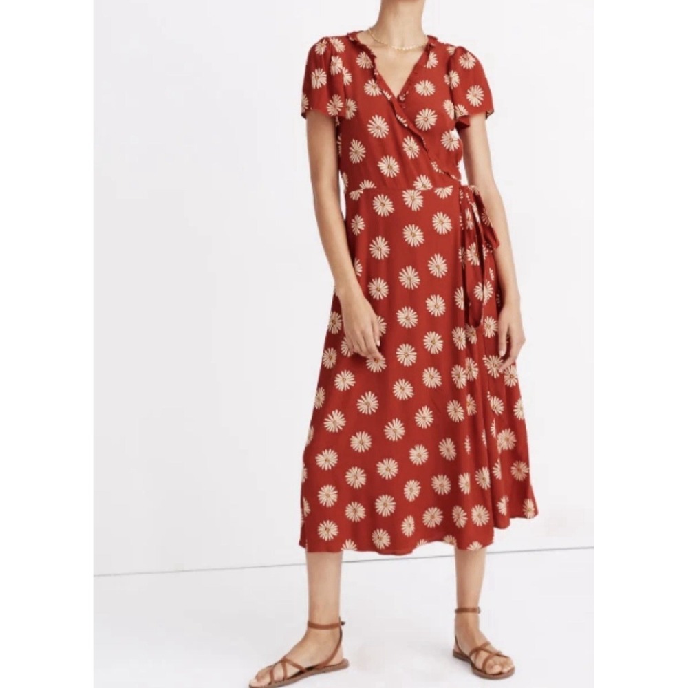 Madewell Ruffle-Edge Wrap Midi Dress Size XS Daisy Daydream Red Floral Boho‎